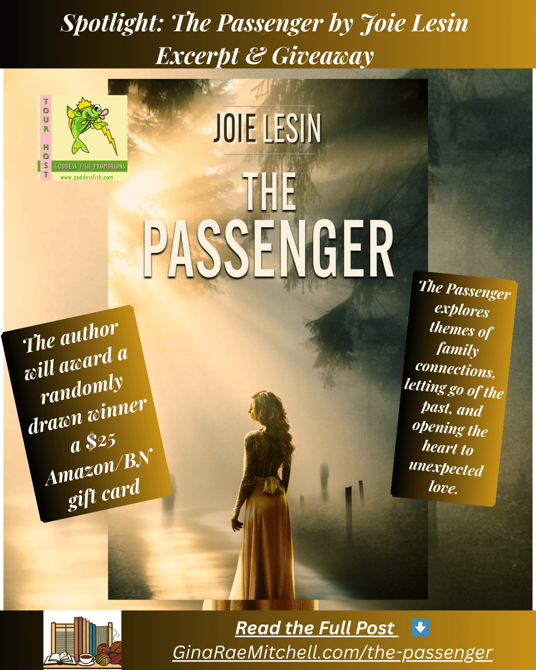 Instagram promotional image for The Passenger by Joie Lesin, historical fantasy set in 1940s California wine country. Features the book cover and giveaway details for a $25 Amazon/BN gift card, along with the book’s central themes.