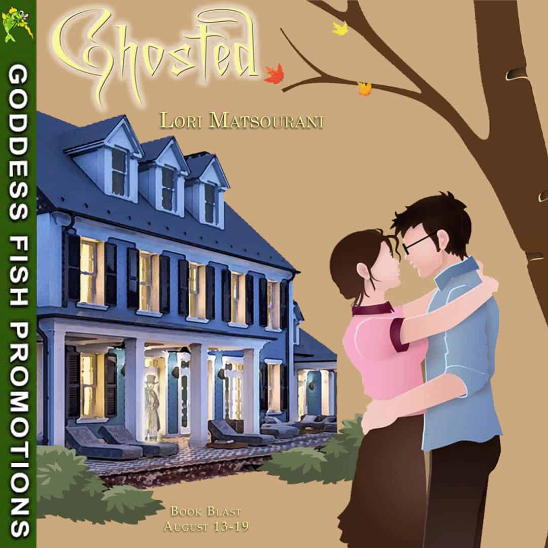 Square Goddess Fish Promotions tour banner for “Ghosted” by Lori Matsourani. Illustrated couple embracing in front of a large blue house with autumn leaves. Includes text “Book Blast August 13–19” and “Goddess Fish Promotions” along the side.