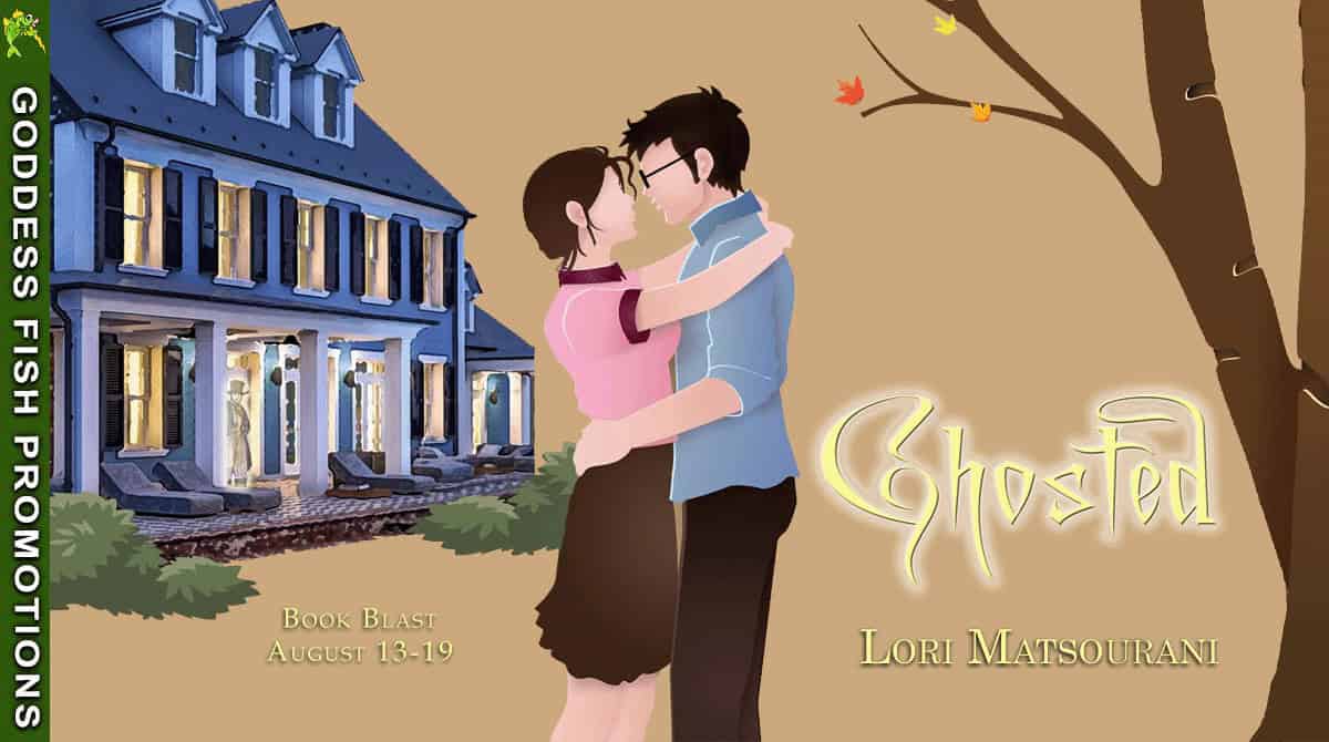 Wide Goddess Fish Promotions tour banner for “Ghosted” by Lori Matsourani. Illustrated couple embracing in front of a large blue house with autumn leaves. Includes text “Book Blast August 13–19” and “Goddess Fish Promotions” along the side.