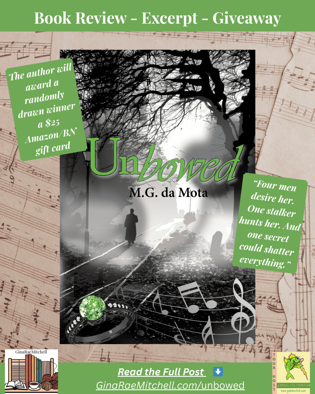 Instagram graphic promoting the book review tour for “Unbowed” by M.G. da Mota. Includes the book cover, giveaway notice, and tagline about desire, danger, and secrets.