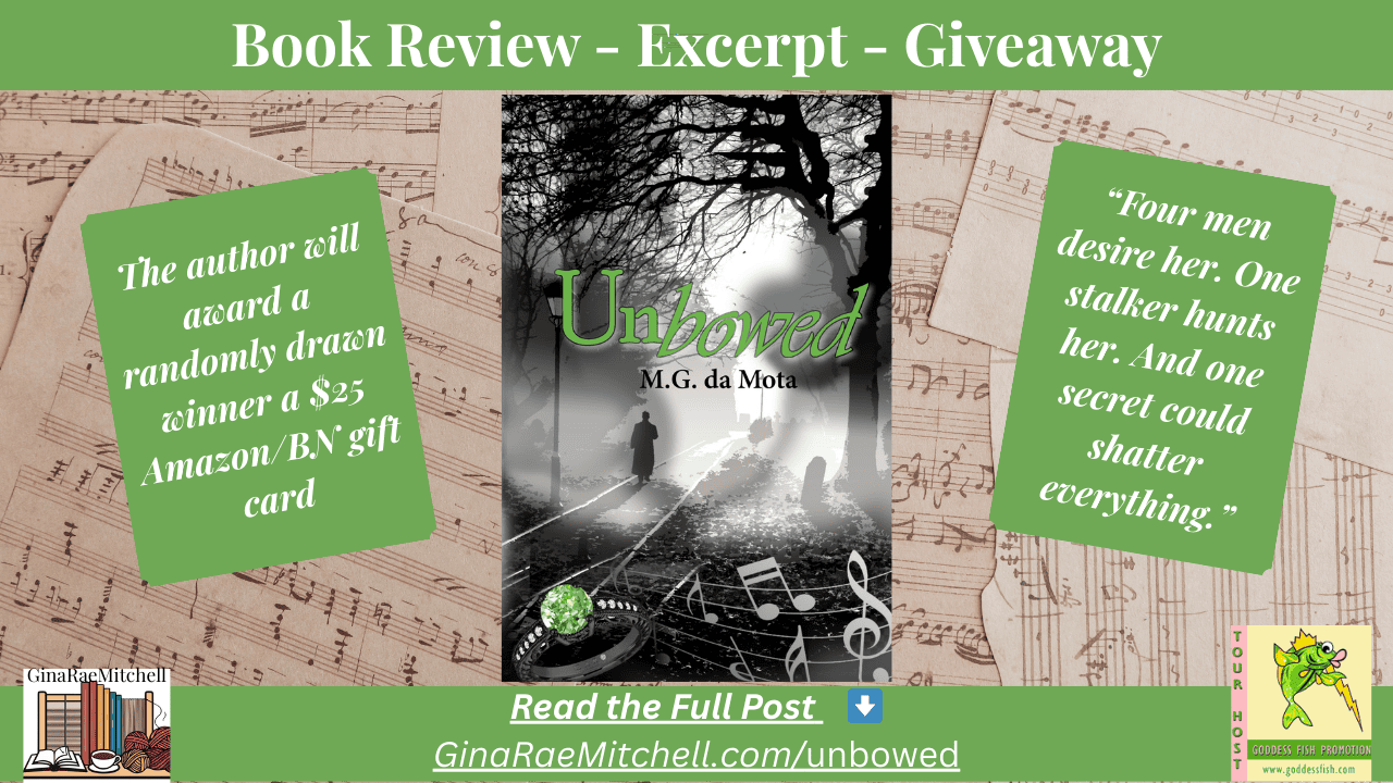 Wide-format blog banner for “Unbowed” by M.G. da Mota. Displays the book cover, giveaway details, and tagline, designed for use as a blog header or social media post.