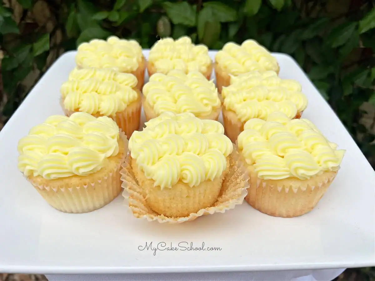 Frosted Lemonade Cupcakes from My Cake School on a classic white plate