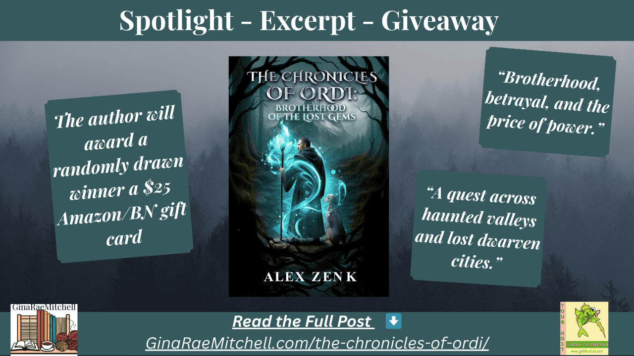 Wide-format blog header for “The Chronicles of Ordi: Brotherhood of the Lost Gems” by Alex Zenk. Includes book cover, pull quotes, giveaway promotion, and ginaraemitchell.com link.