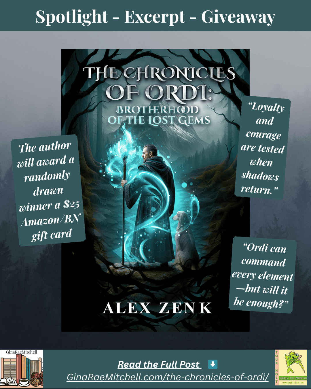 Instagram promotional banner for “The Chronicles of Ordi” by Alex Zenk. Features book cover, pull quotes, giveaway details, and spotlight announcement.