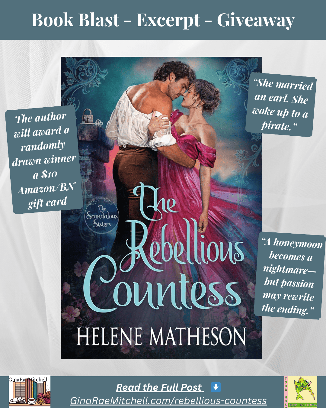 Instagram spotlight for “The Rebellious Countess” by Helene Matheson. Features romantic couple on the cover with giveaway info for a $10 Amazon/BN gift card.