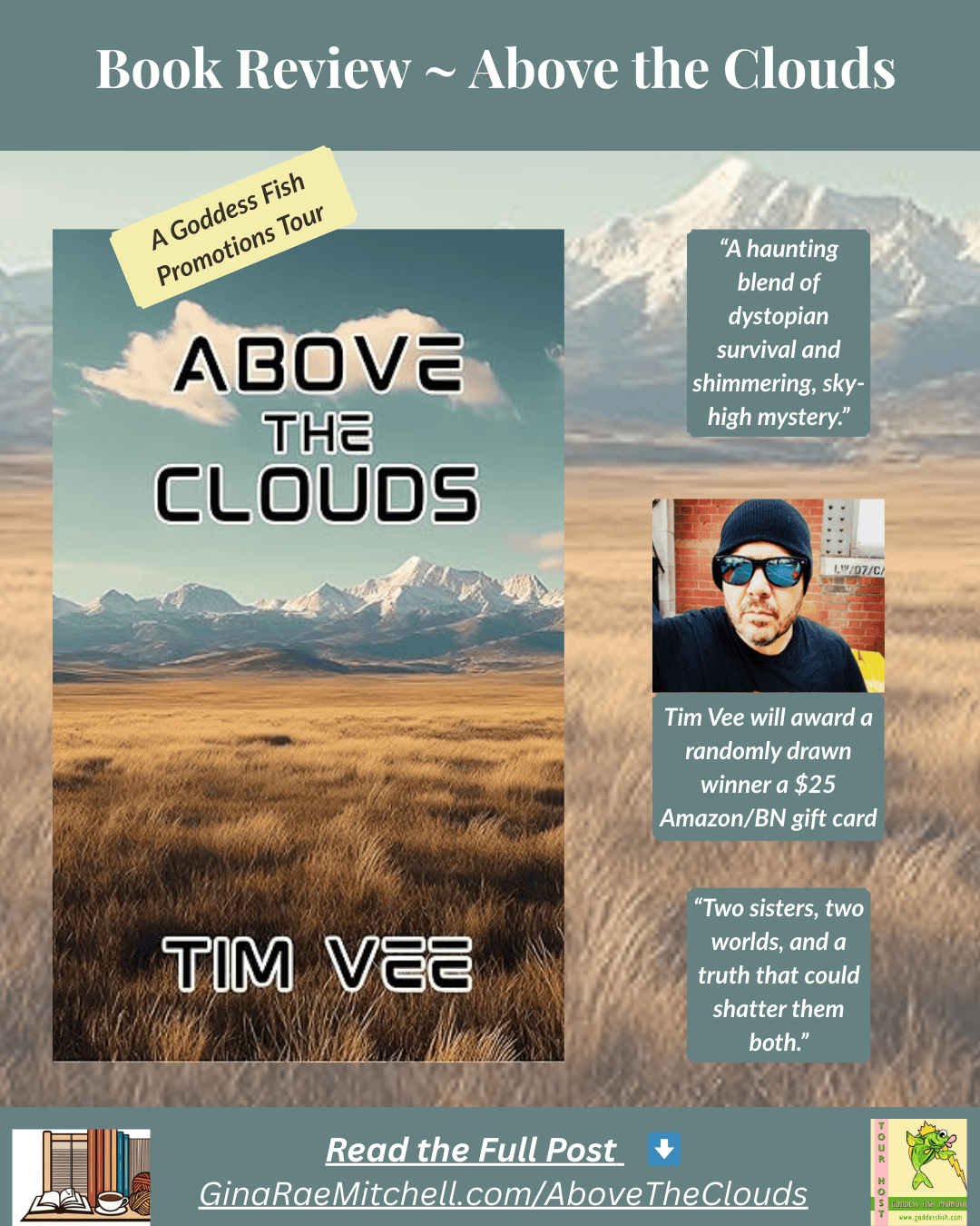 Instagram promo graphic for the Above the Clouds book review on GinaRaeMitchell.com. Shows the book cover with golden prairie and distant snow-capped mountains, a 