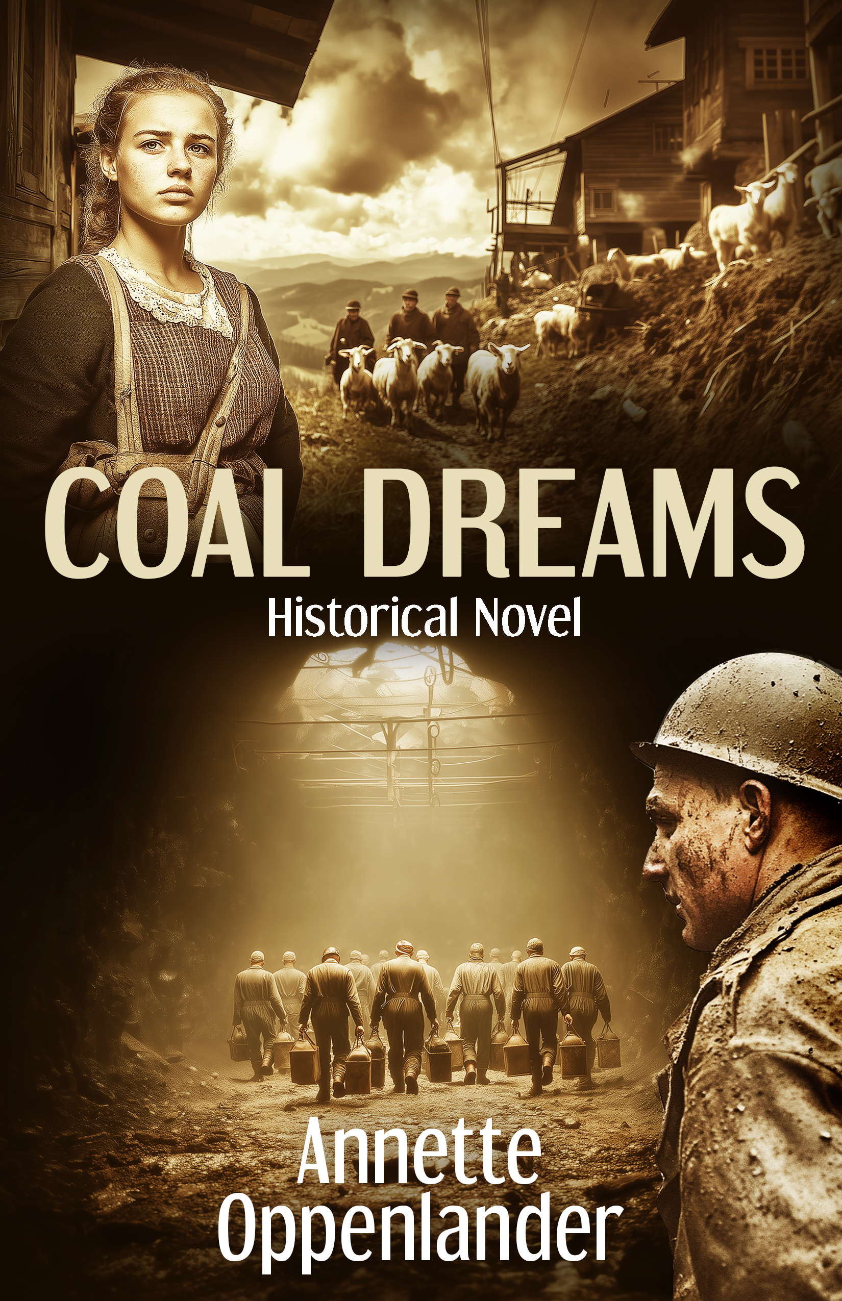 Full book cover of “Coal Dreams” by Annette Oppenlander. Sepia-toned design with a young woman, goats, and WWII-era miners descending into a coal shaft. Title and subtitle read “Coal Dreams: Historical Novel.”