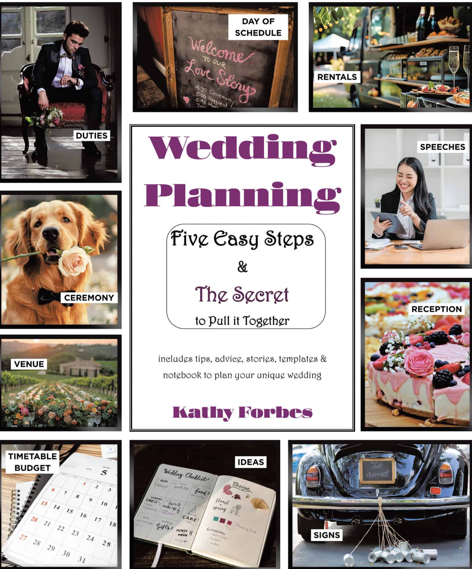 “Book cover of Wedding Planning: Five Easy Steps & The Secret to Pull It Together by Kathy Forbes. White background with bold purple title text and subtitle in black and lavender. Cover promises tips, advice, stories, templates, and a notebook to plan a unique wedding.”