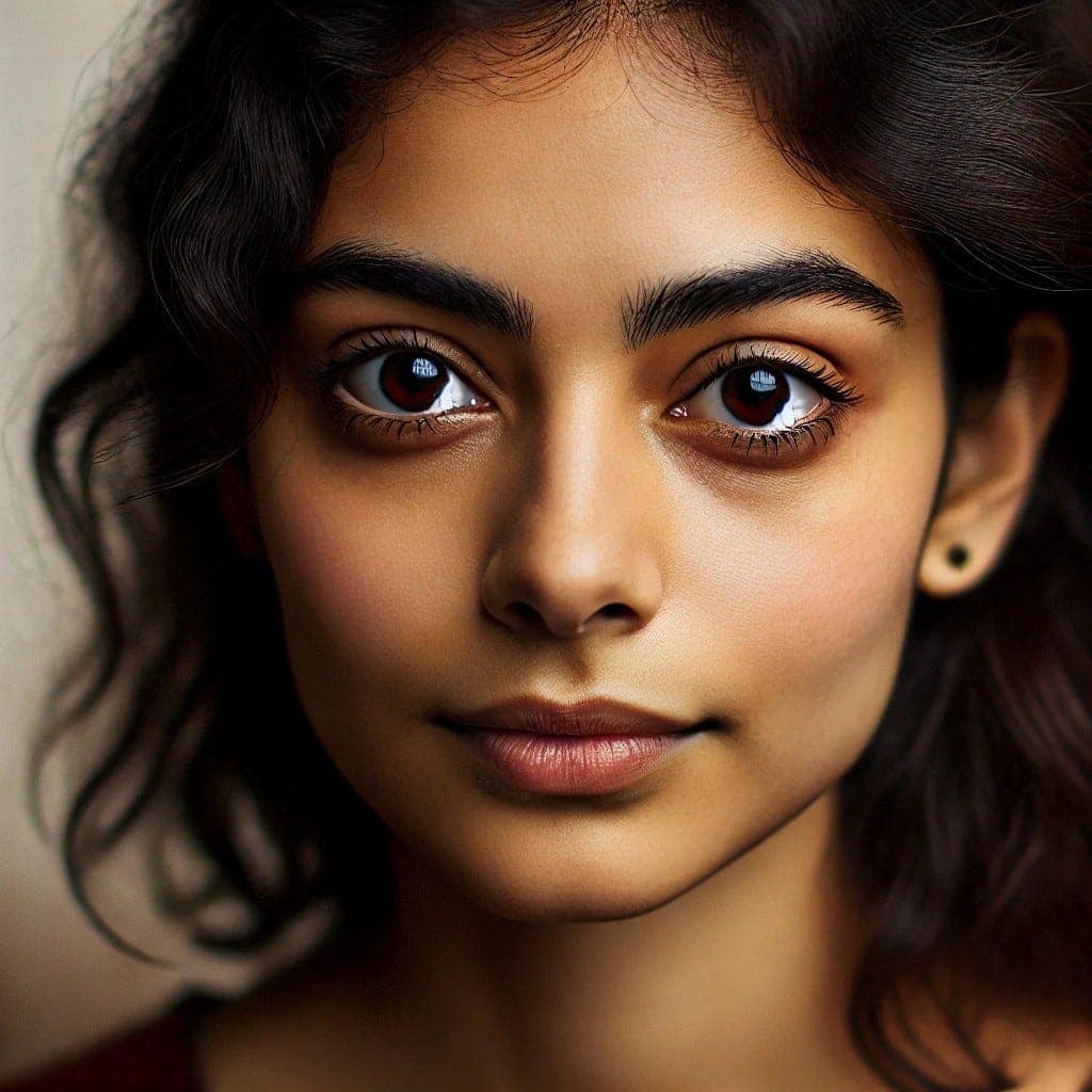 Spotlight: Crimson Mirage by Babujee with Author Guest Post 11 Digital portrait of a young woman with dark eyes, strong brows, and natural beauty. Her serene expression and smooth features convey resilience and humanity, reflecting the emotional heart of Crimson Mirage by Babujee.