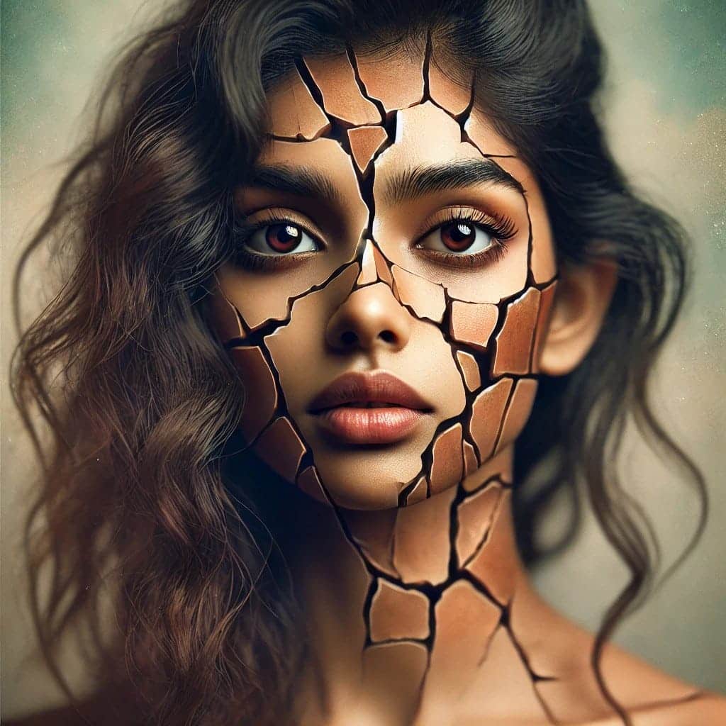 Spotlight: Crimson Mirage by Babujee with Author Guest Post 12 Digital artwork of a woman’s face fractured into cracked, mosaic-like pieces. Her expressive eyes and flowing hair contrast with the broken surface, symbolizing emotional scars and haunting memories. Inspired concept for the novel Crimson Mirage by Babujee.