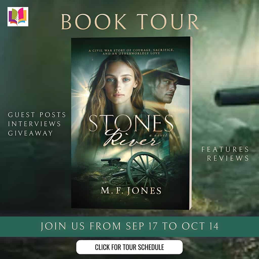Stones River by M.F. Jones: Book Review, Guest Post & Giveaway 1 Official iRead Book Tours banner for Stones River by M.F. Jones. Includes the book cover, tour dates September 17 to October 14, 2025, and buttons for guest posts, interviews, reviews, and giveaway information