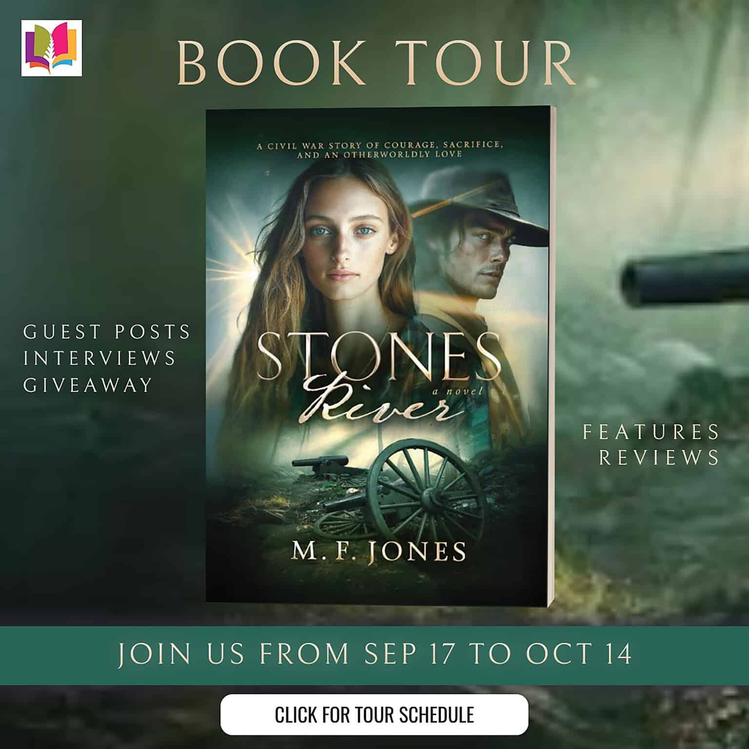 Official iRead Book Tours banner for Stones River by M.F. Jones. Includes the book cover, tour dates September 17 to October 14, 2025, and buttons for guest posts, interviews, reviews, and giveaway information