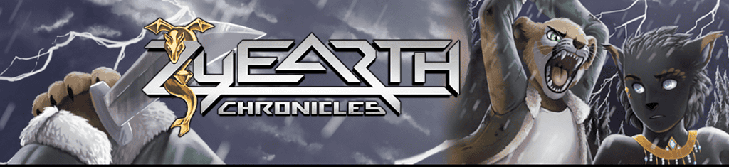 ZyEarth Chronicles series banner with stylized logo over a stormy sky and lightning; two anthropomorphic feline characters—one roaring with a raised blade, one black-furred with blue eyes and gold jewelry—fantasy action artwork.