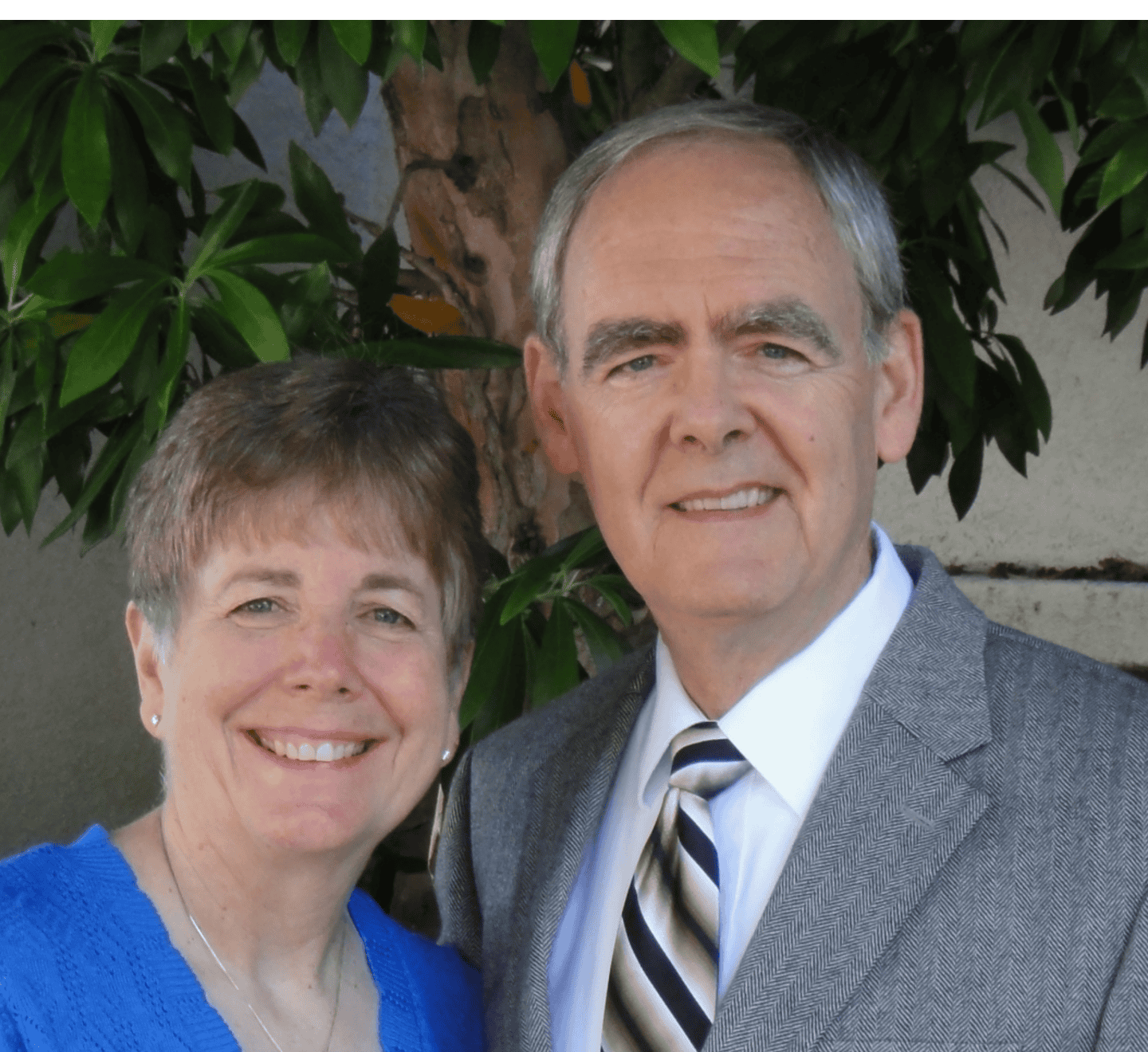 Author photo of Christopher R. Losey with his wife, both smiling outdoors in front of greenery. Chris is wearing a gray suit and striped tie, Sharon is in a blue top.