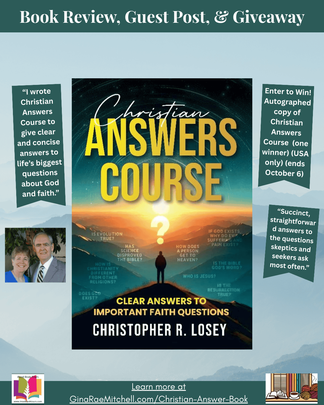 Instagram promotional graphic for the iRead Book Tour of “Christian Answers Course” by Christopher R. Losey. Features book cover, author photo, pull quotes, giveaway announcement, and call-to-action link.