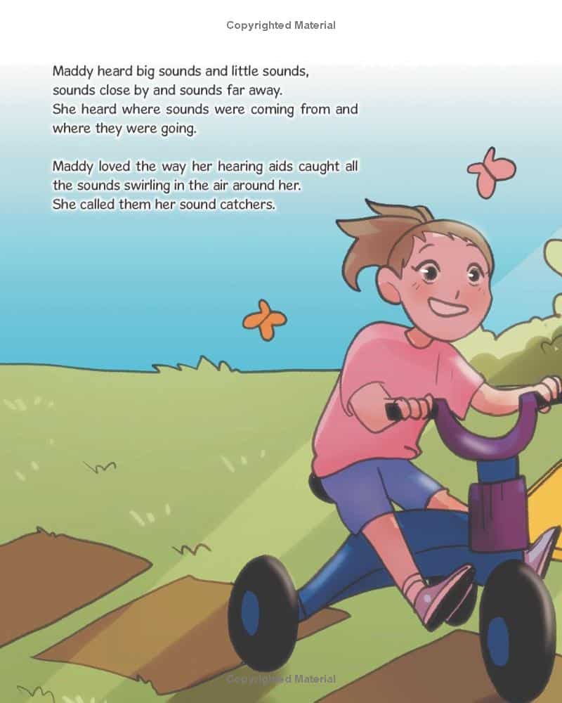 Interior page excerpt from Sound Catchers by Jessica Coriat. Illustrated children play outdoors, one shown with a cochlear implant. Text describes Maddy’s experience with hearing sounds in new ways, highlighting empathy and awareness around childhood hearing loss.