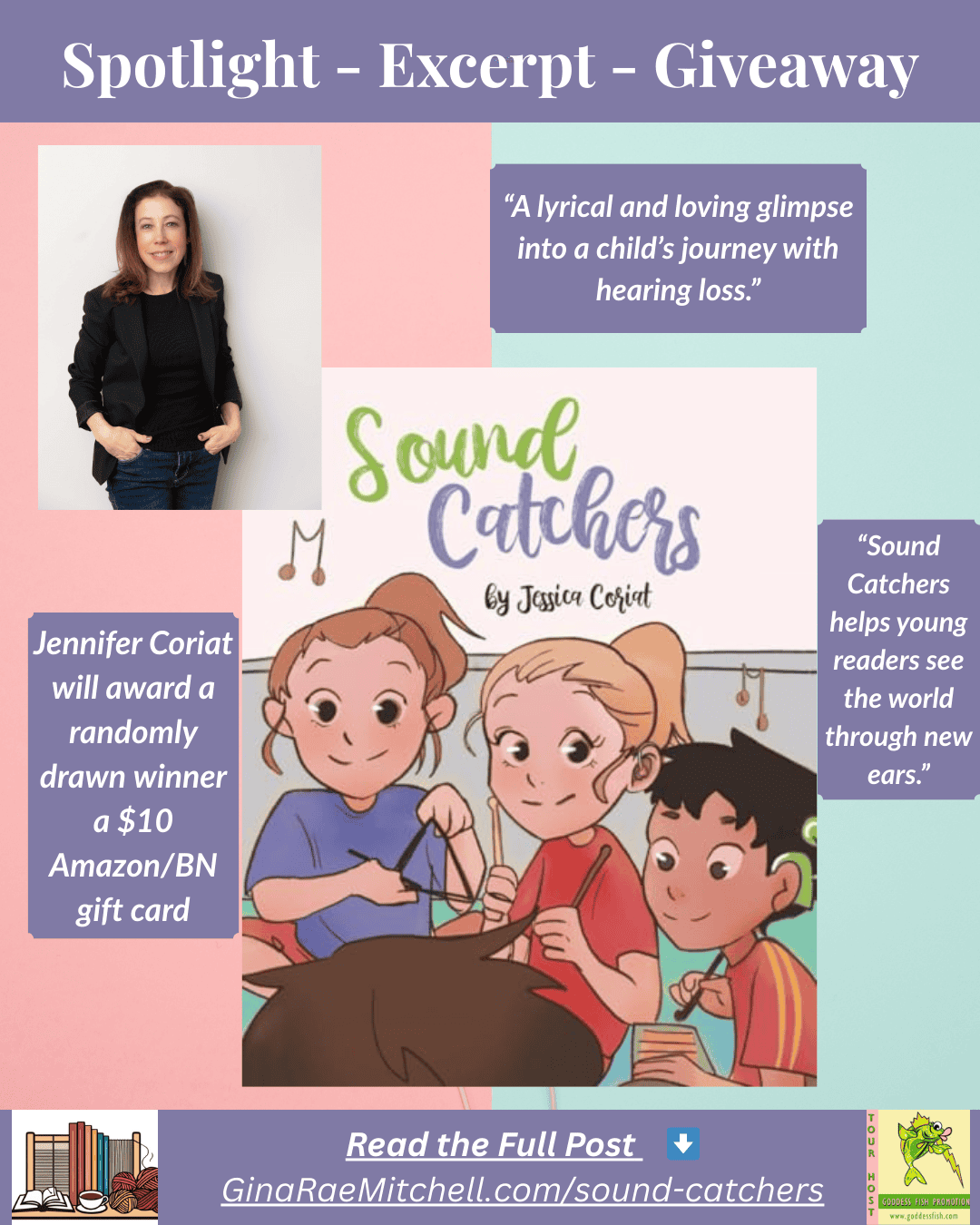 Instagram square graphic for Sound Catchers by Jessica Coriat. Features book cover art with three children, author photo, giveaway note, and pull quotes. Title banner: “Spotlight – Excerpt – Giveaway.” Purple footer with “Read the Full Post → GinaRaeMitchell.com/sound-catchers.”