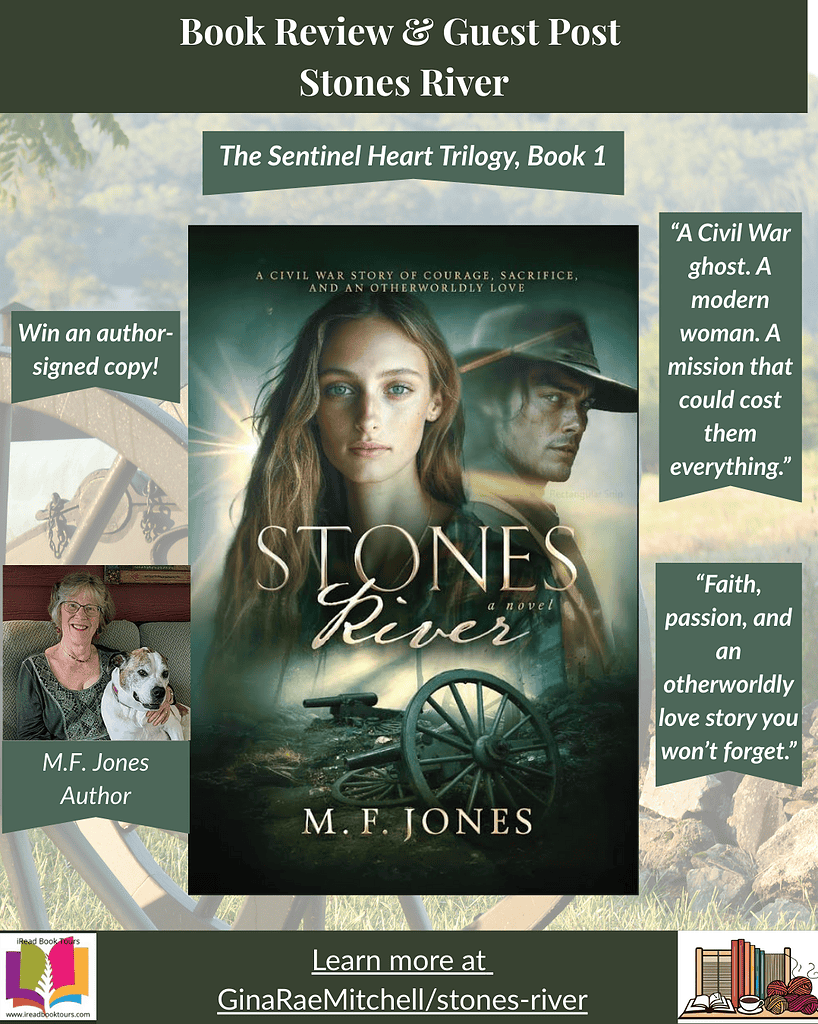 Square Instagram graphic for the Stones River review and guest post on GinaRaeMitchell.com. Features the novel’s cover with a woman and Civil War soldier, green banner text “Book Review & Guest Post,” and callouts: “Win an author-signed copy!” and quotes “A Civil War ghost. A modern woman. A mission that could cost them everything.” and “Faith, passion, and an otherworldly love story you won’t forget.”