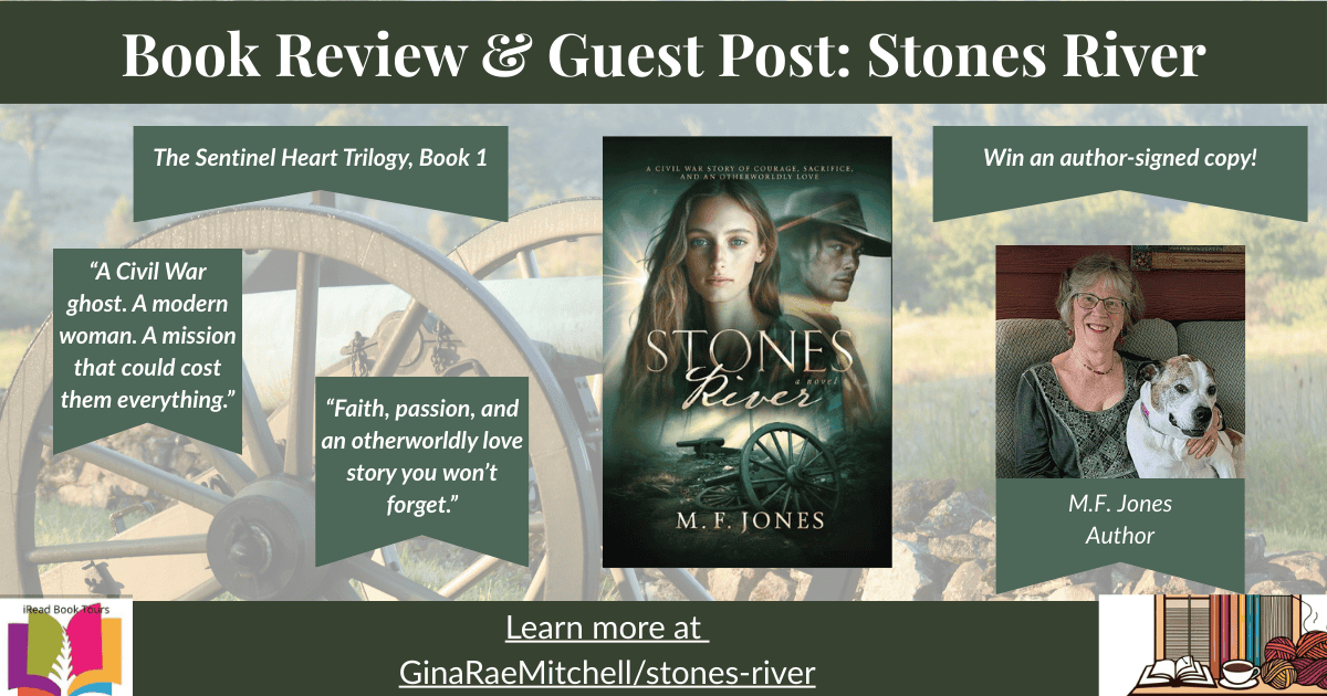 Wide blog header banner for the Stones River review and guest post. Shows the book cover centered between two pull quotes on a faded battlefield background, author photo with dog on the right, and giveaway text 