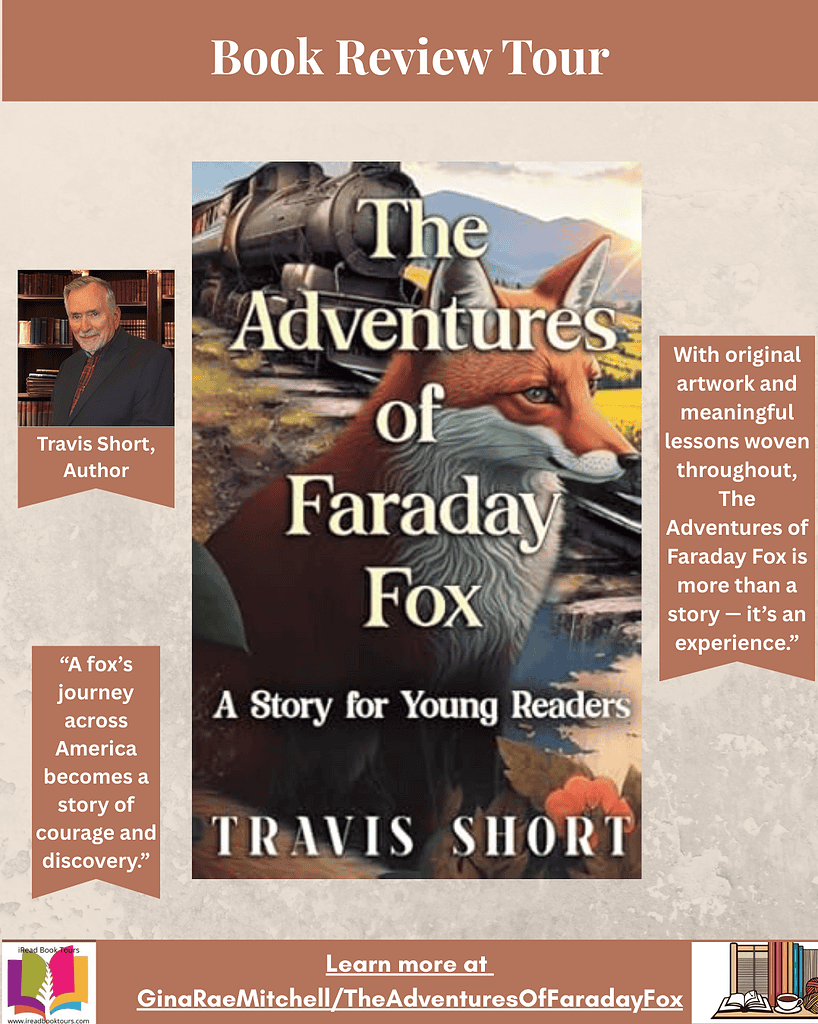 “Instagram promotional graphic for The Adventures of Faraday Fox by Travis E. Short. Includes book cover, author photo, and highlighted quotes: ‘A fox’s journey across America becomes a story of courage and discovery.’ Designed for iRead Book Tours review.”