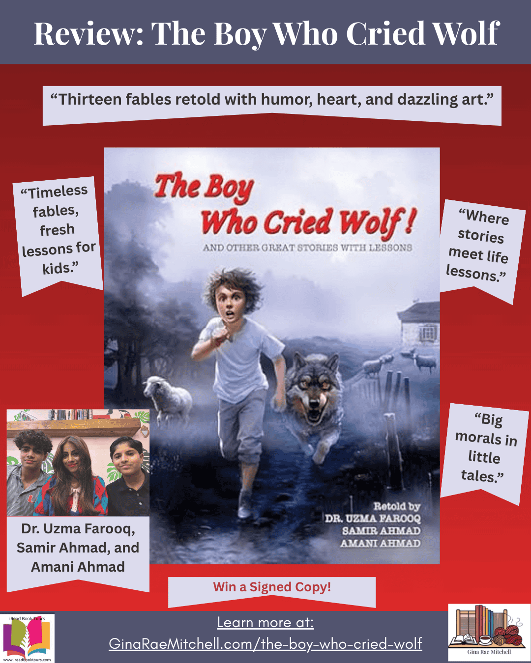 “Instagram square graphic for book review of The Boy Who Cried Wolf (and Other Great Stories with Lessons). Features cover image, pull quotes like ‘Thirteen fables retold with humor, heart, and dazzling art,’ author photo, and giveaway banner linking to GinaRaeMitchell.com.”