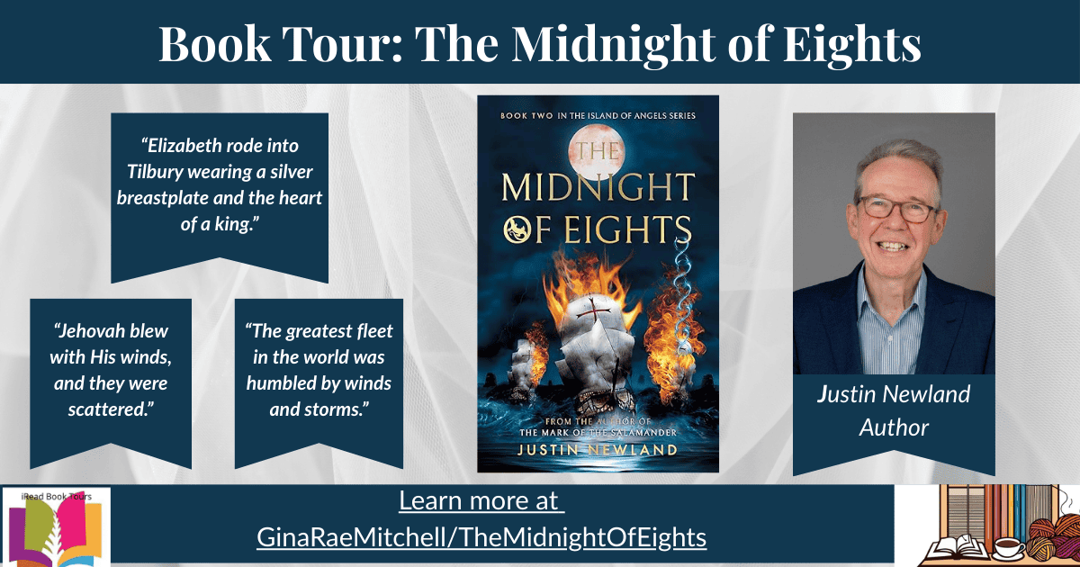 “Wide promotional banner for the iRead Book Tour of The Midnight of Eights by Justin Newland, showing the book cover, author photo, and three Armada-themed pull quotes.”
