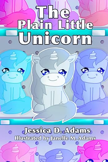 Book cover of The Plain Little Unicorn by Jessica Adams with lovely purple, blue. + gray unicorns.