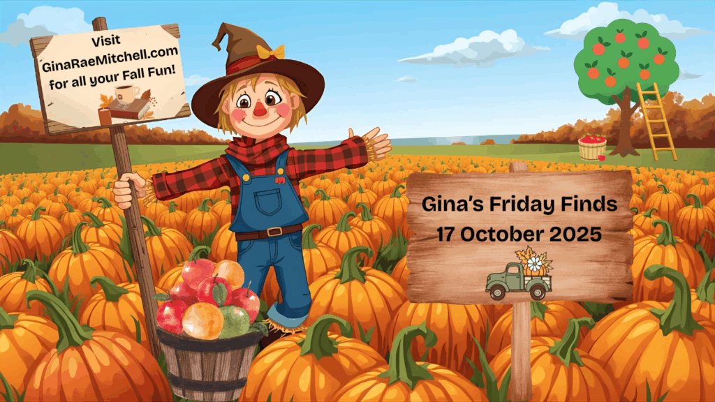 Wide-format fall banner of a smiling scarecrow in a vast pumpkin field. Wooden signs read “Visit GinaRaeMitchell.com for all your Fall Fun!” and “Gina’s Friday Finds – 17 October 2025.” Includes a barrel of apples and a background apple tree for a cozy harvest look. 