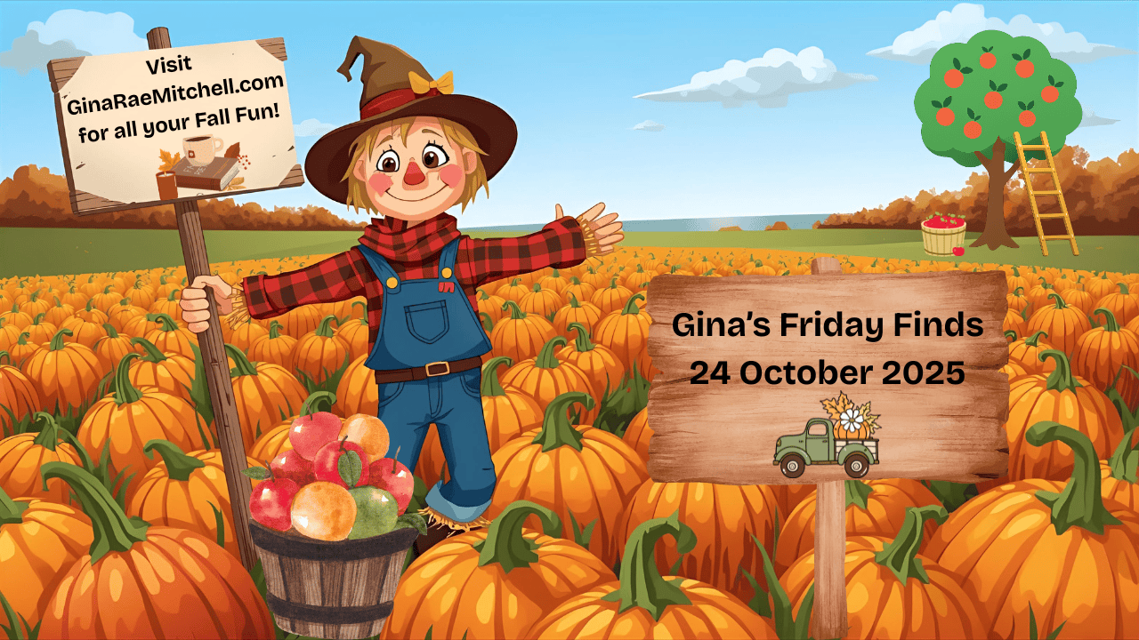 🪶 Friday Finds – 24 October 2025 | Indie Author E. Denise Billups, Bonsai Craft, & Fall Harvest Soup 19 Wide banner with a cheerful scarecrow in a vast pumpkin field holding a