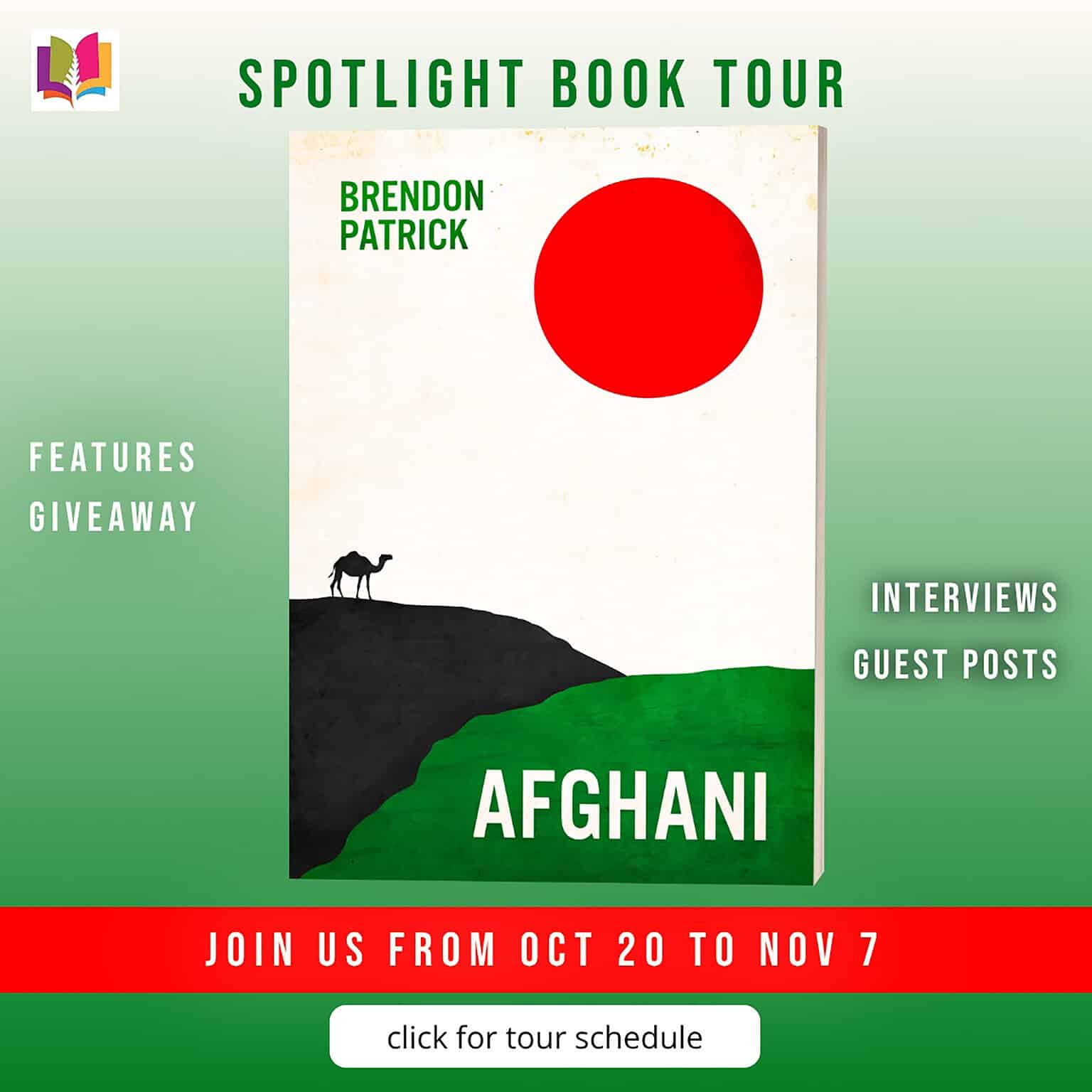Official iRead Book Tours banner for Afghani by Brendon Patrick. Green gradient background with the book cover centered, showing a black camel on a green hillside beneath a large red sun. White text reads 