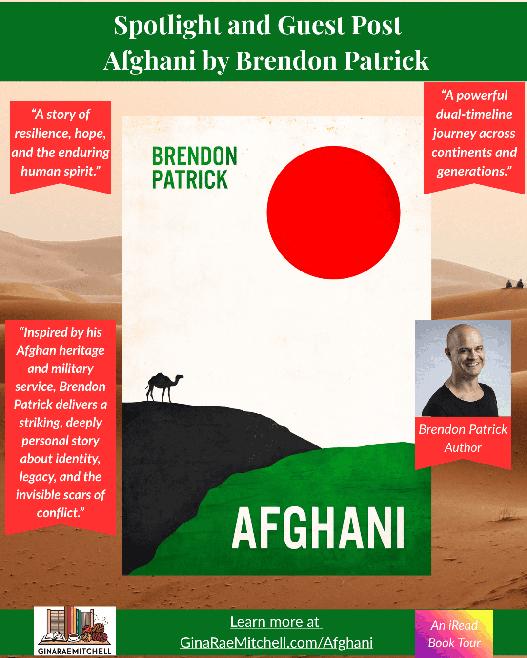 Instagram graphic for Afghani by Brendon Patrick. Features the book cover with a minimalist design-black hillside, green landscape, red sun, and a lone camel-set against a desert background. Includes red pull quotes: 