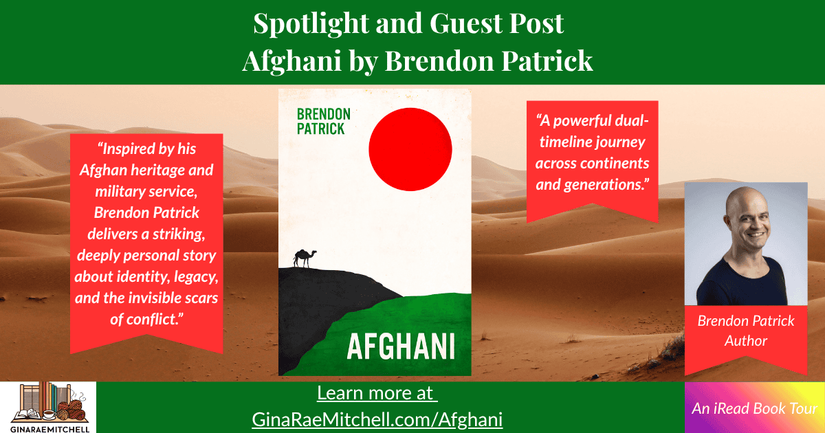 Wide blog banner for Afghani by Brendon Patrick. Set against a sweeping desert landscape, it features the book cover in the center, red pull quotes on each side, and the author's portrait labeled 