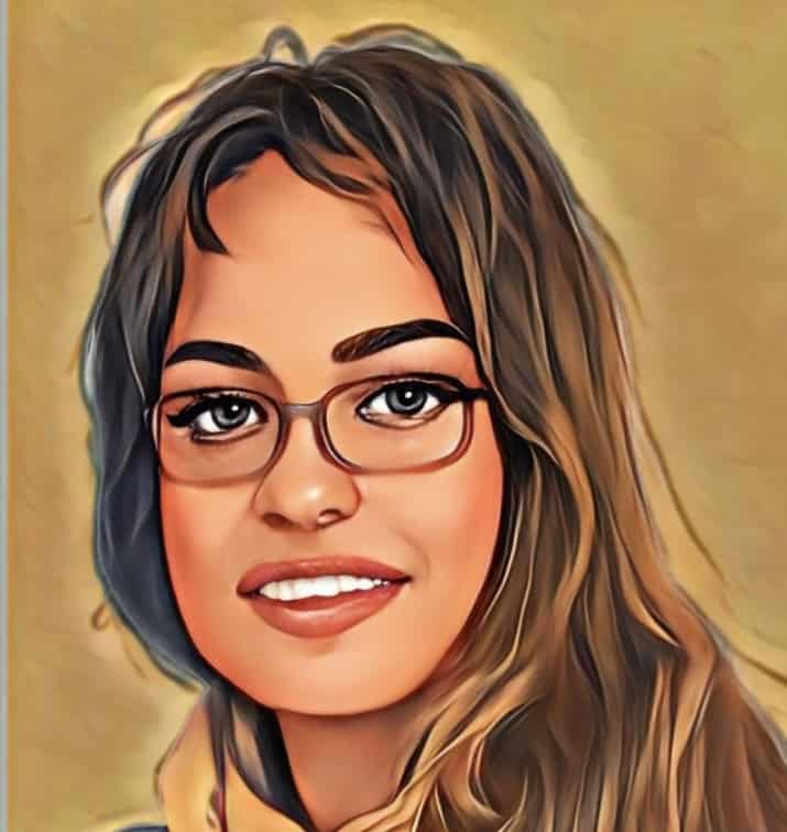 Illustrated portrait of author Anna Valleria, smiling and wearing glasses, with brown hair and a warm background. Used for Letters Take the Lady blog and social graphics.