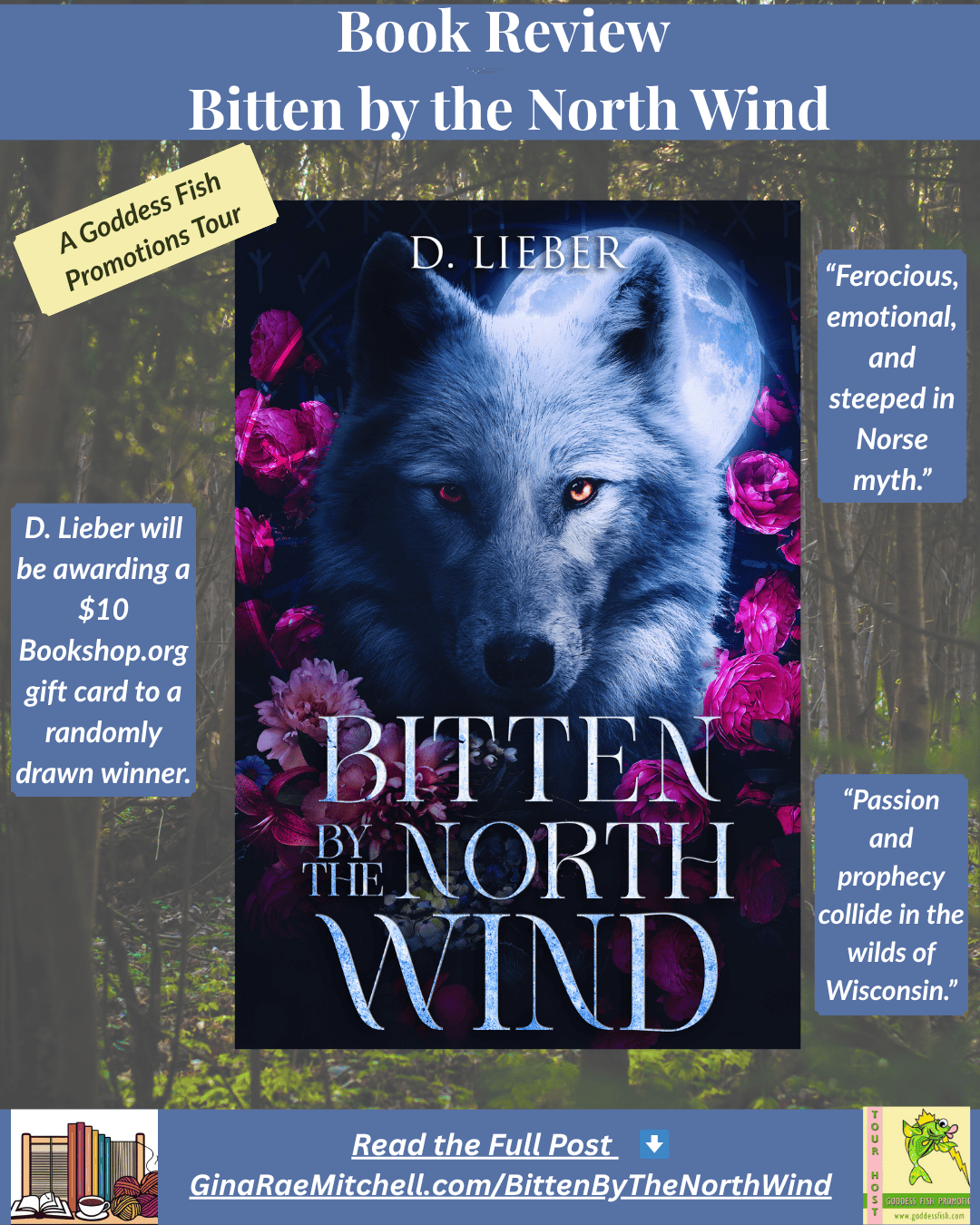 Fun Fall Friday Finds – 10 October 2025 | Indie Authors, Giveaways, Recipes & Crafts 27 Instagram graphic promoting Bitten by the North Wind by D. Lieber. Features a striking white wolf with glowing eyes surrounded by pink flowers under a full moon. Includes text: