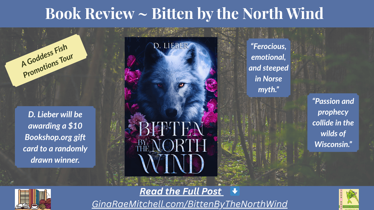 Wide banner for Bitten by the North Wind by D. Lieber. Features a close-up of a white wolf's face illuminated by moonlight and surrounded by dark pink flowers. Includes quotes 