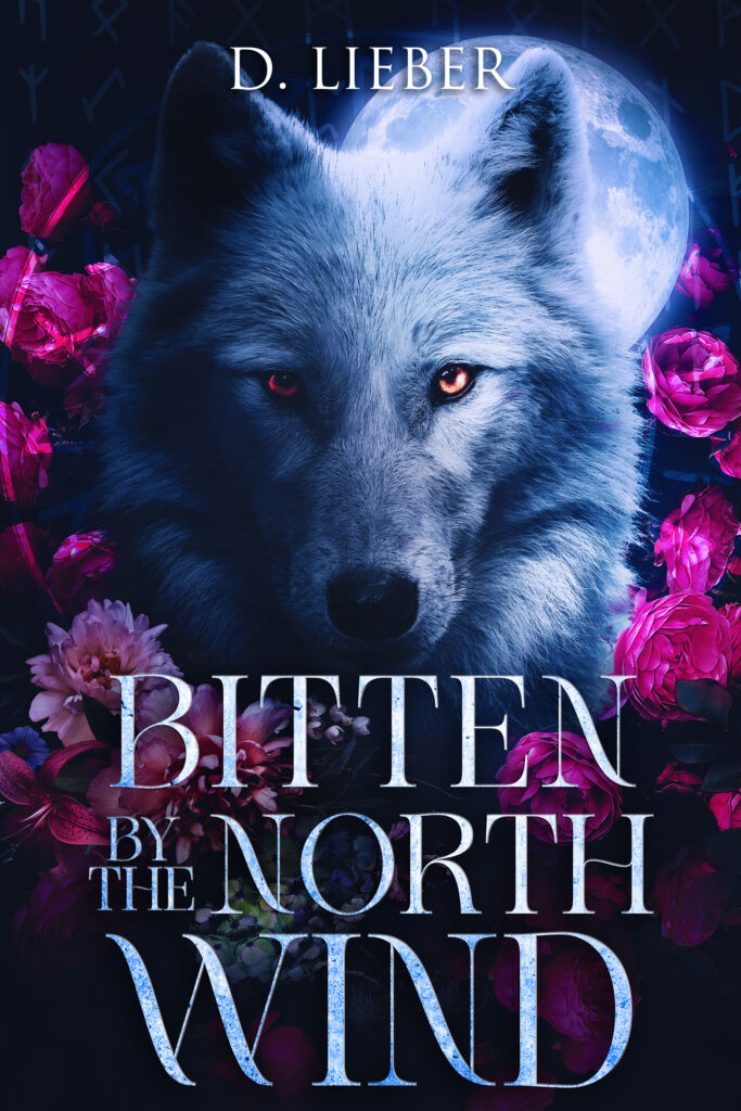 Bitten by the North Wind by D. Lieber – Werewolf Paranormal Romance Book Review 11 Official cover of Bitten by the North Wind by D. Lieber. Features a silver wolf with red eyes surrounded by magenta and violet flowers, a glowing moon behind it, and the title in icy blue lettering