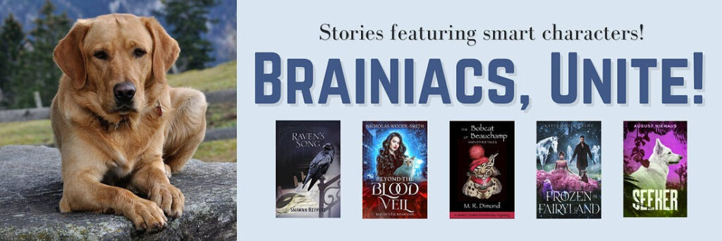 Brainiacs Unite small banner with dog + books