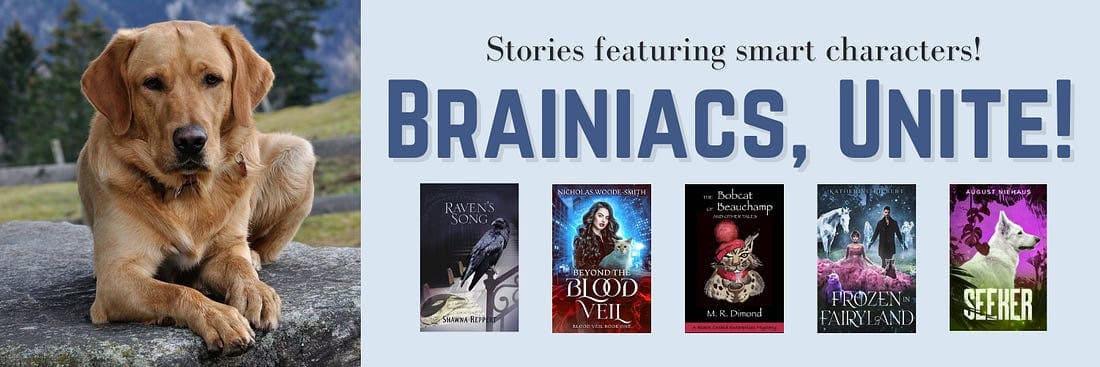 Fun Fall Friday Finds – 10 October 2025 | Indie Authors, Giveaways, Recipes & Crafts 32 Brainiacs Unite small banner with dog + books