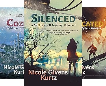 Book Review & Guest Post | Fabricated by Nicole Givens Kurtz (Cybil Lewis SF Mystery #4) 11 Image showing three book covers from the Cybil Lewis SF Mystery series by Nicole Givens Kurtz. The central cover, Silenced: Volume 1, depicts a woman overlooking a futuristic city through tree branches. Partially visible covers for Cozened and Fabricated flank it on either side, each featuring atmospheric sci-fi artwork in cool and warm tones.