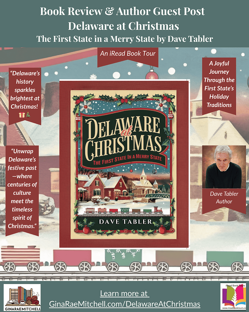 Instagram graphic promoting Delaware at Christmas: The First State in a Merry State by Dave Tabler. Features the festive book cover with snow, trains, and holiday décor. Includes quotes like 