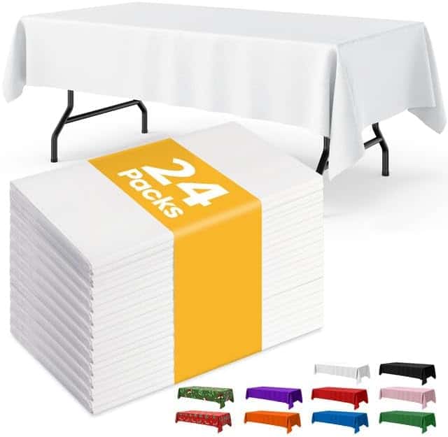 Pack of 24 disposable white rectangular tablecloths for party tables, with small swatches showing additional color options including black, red, purple, green, and blue.