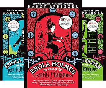 book covers of the first three books in the Enola Holmes series.