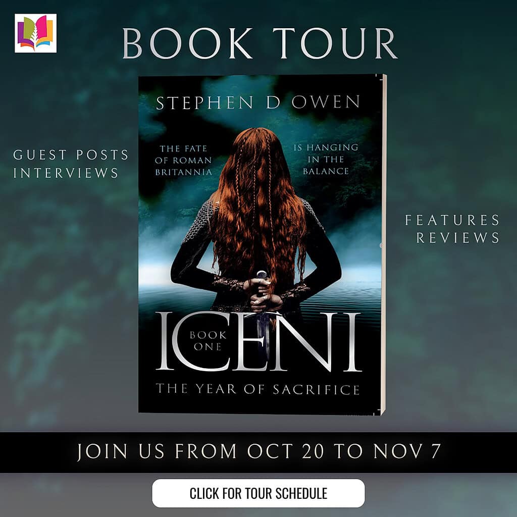 Official iRead Book Tour banner for ICENI: The Year of Sacrifice (Book One) by Stephen D. Owen. Features the book cover with text “Book Tour,” “Guest Posts,” “Interviews,” and “Features Reviews.” Banner reads “Join us from Oct 20 to Nov 7” with a “Click for Tour Schedule” button