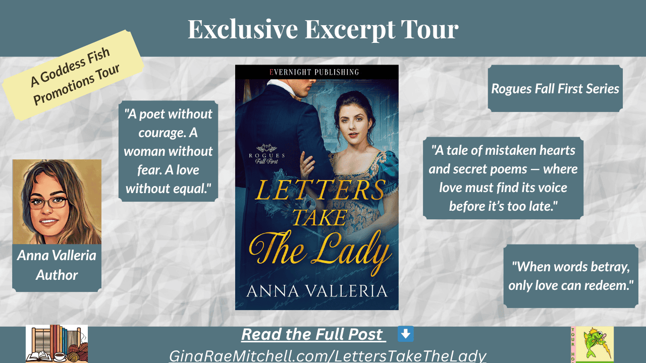Wide blog banner for Letters Take the Lady by Anna Valleria, part of the Rogues Fall First series. Displays the couple from the book cover with quote boxes reading: 