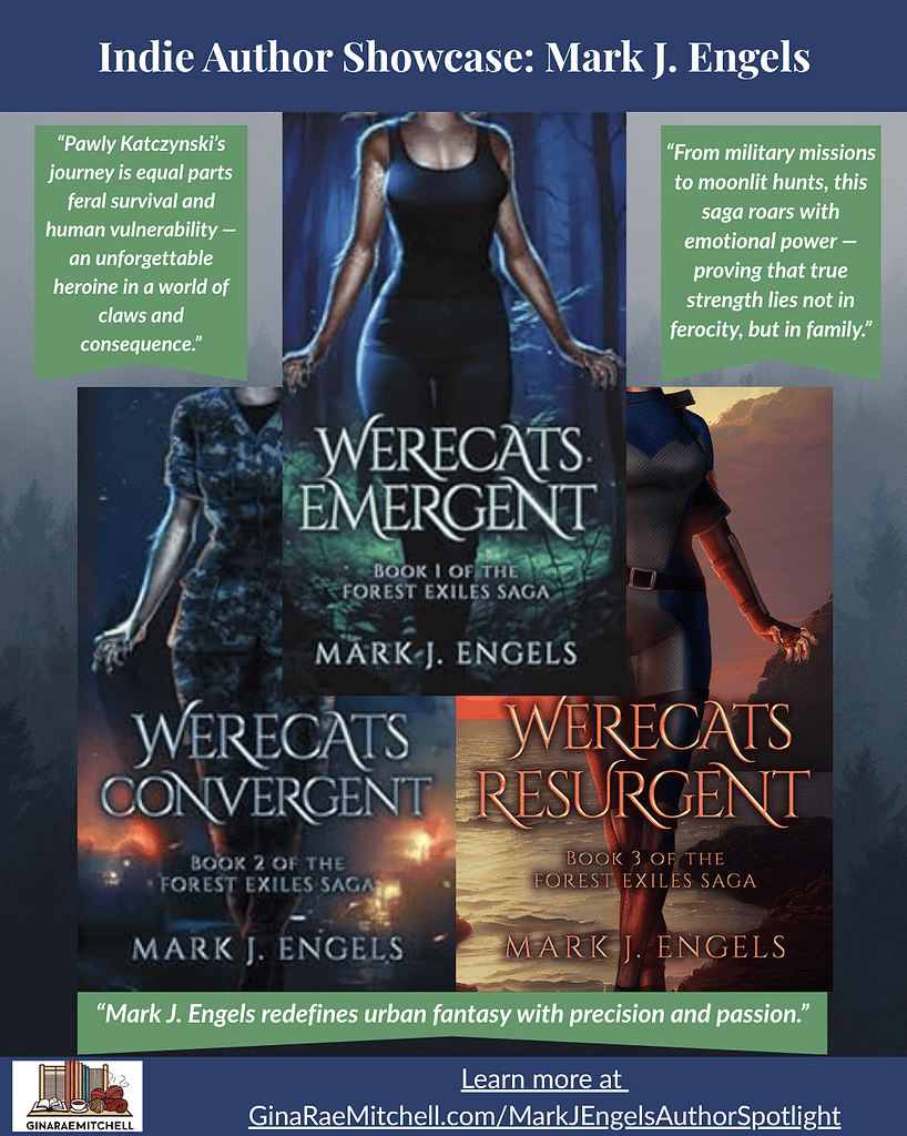 Square Instagram graphic for the “Indie Author Showcase: Mark J. Engels.” Features covers of Werecats Emergent, Werecats Convergent, and Werecats Resurgent with green pull-quotes and tagline. Footer text links to GinaRaeMitchell.com / MarkJEngelsAuthorSpotlight.