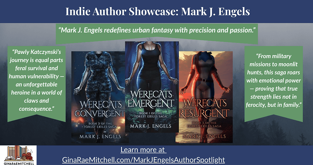 Wide rectangular banner showing the three Forest Exiles Saga book covers centered against a misty forest background with quote “Mark J. Engels redefines urban fantasy with precision and passion. Mark J. Engels author spotlight
