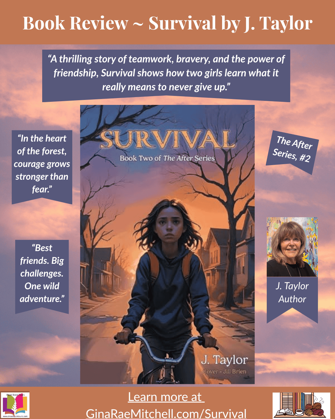 Wide banner for Survival by J. Taylor. Displays book cover on tablet and phone mockups against a soft purple and peach sky. Pull quotes highlight bravery and friendship, with 
