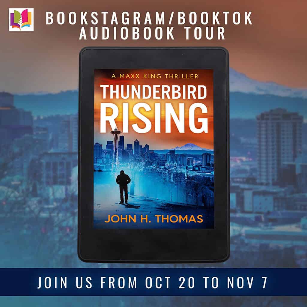 Promotional square banner for the iRead Book Tours audiobook tour of Thunderbird Rising by John H. Thomas. Shows the book cover on a digital tablet with a blue-orange Seattle skyline background and tour dates “Oct 20 – Nov 7.” Suitable for Bookstagram or BookTok promotion.