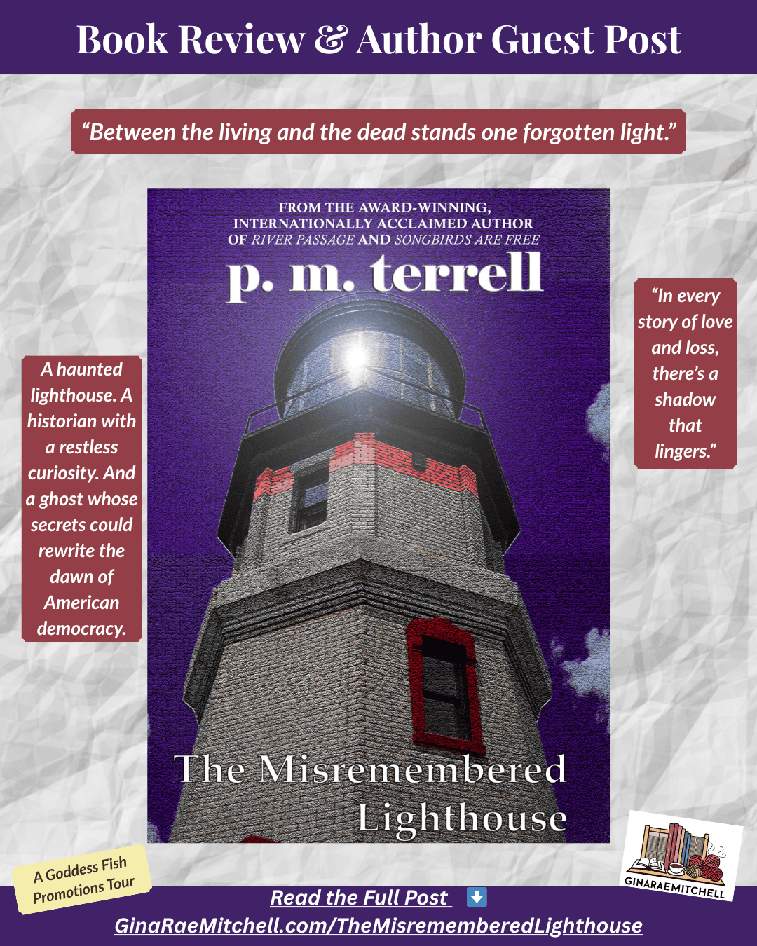 Spooky Friday Finds – 31 October 2025 | Indie Author Elizabeth Pantley, Halloween Crafts & Recipes 20 Instagram graphic promoting The Misremembered Lighthouse by p.m. terrell. Features a photo of a lighthouse under a purple sky with text overlays reading