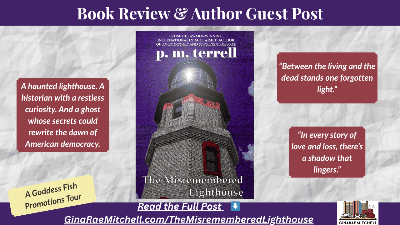 Wide blog banner for The Misremembered Lighthouse review and guest post by p.m. terrell. The central image features the lighthouse cover art with surrounding burgundy quote boxes and a silver-textured background. Text reads 